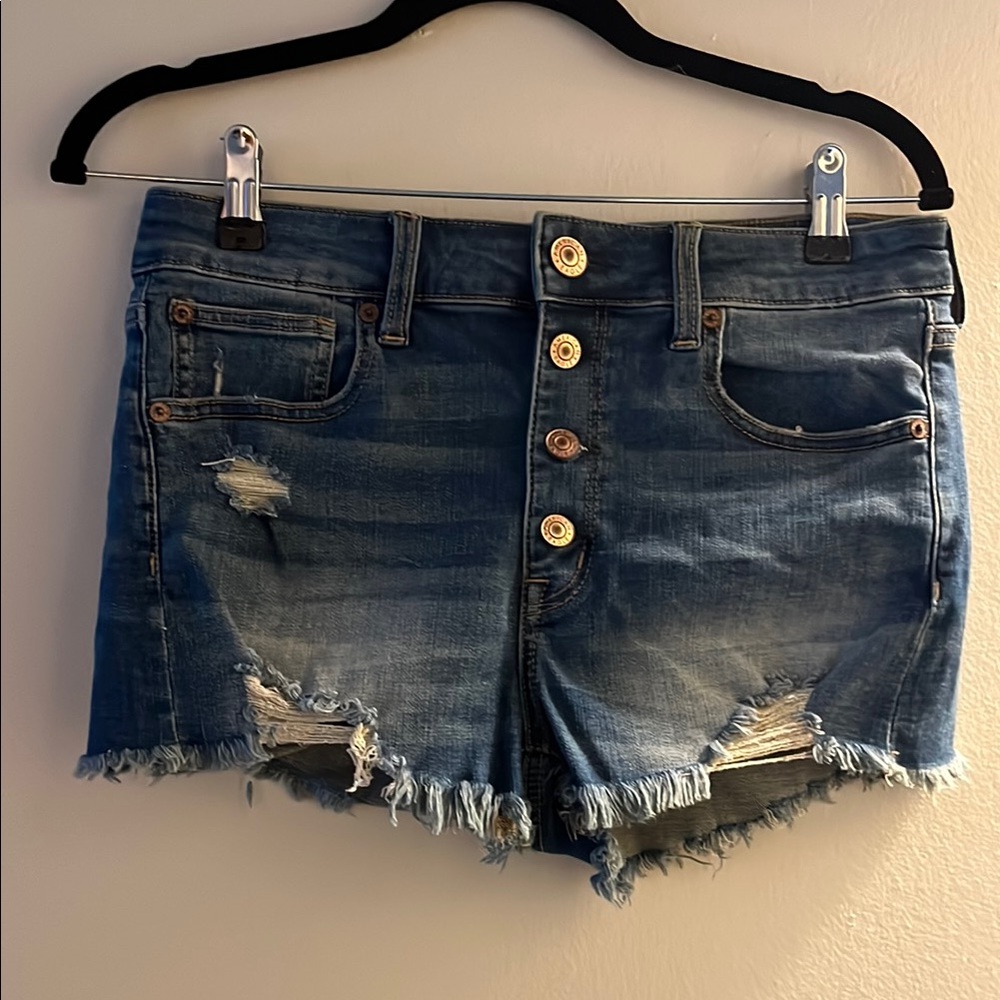 Blue High-Waisted Jean Shorts with Distressed Hem
